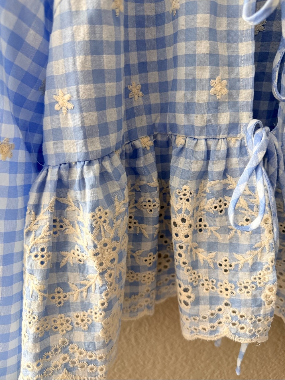 NWOT Lush Light Blue Gingham Tie-Front Peplum Blouse with White Embroidery M - Picture 6 of 9